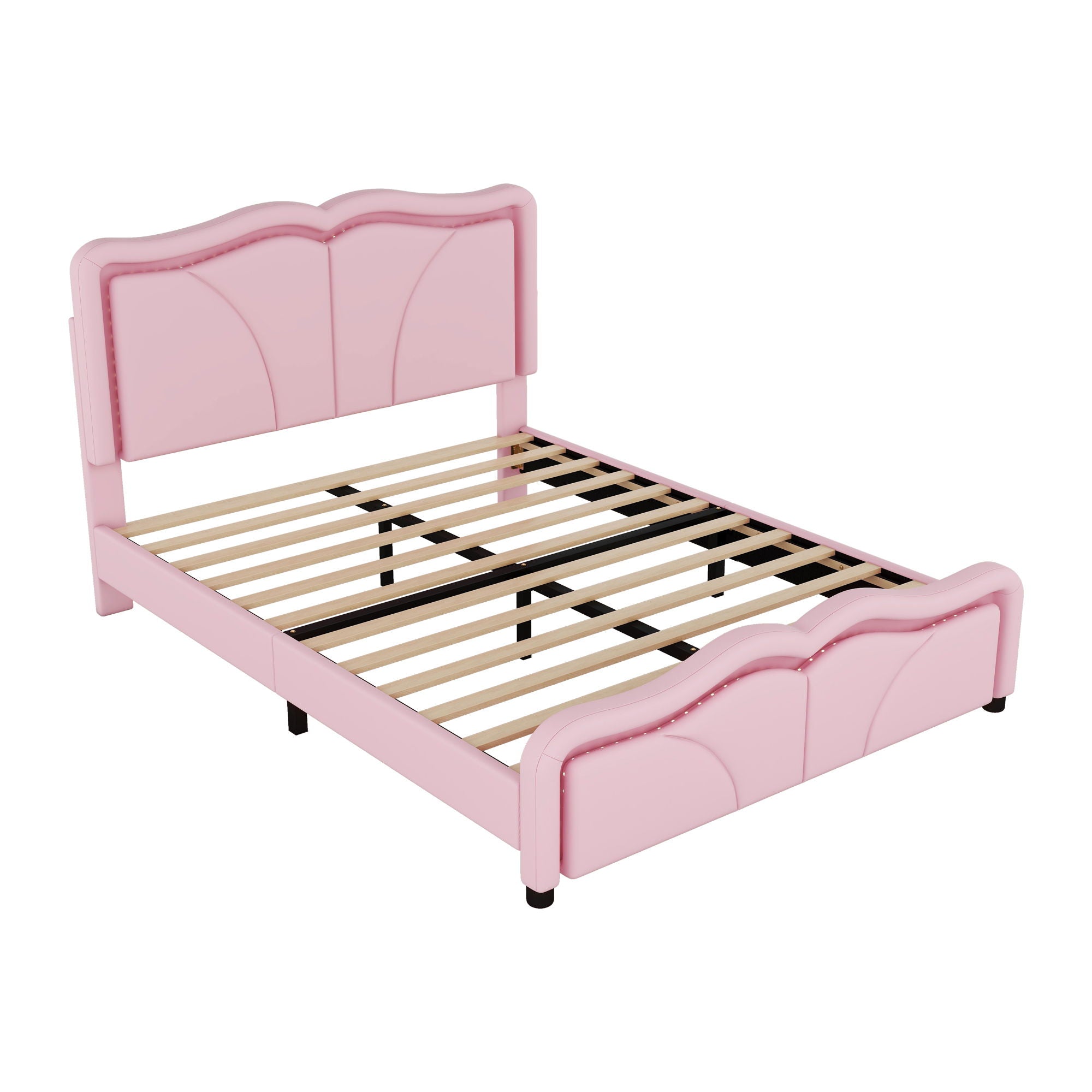 Upholstered Platform Bed &amp; Curve Shaped And Height Adjustable Headboard, LED Light Strips