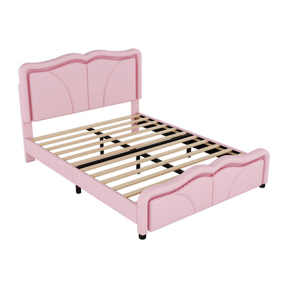 Upholstered Platform Bed &amp; Curve Shaped And Height Adjustable Headboard, LED Light Strips