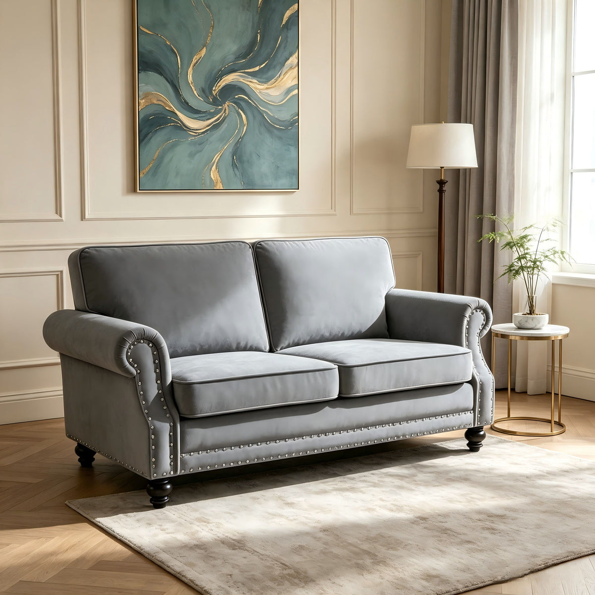 Loveseat Sofa With Nailhead Detail &amp; Turned Legs, 2 Seater Upholstered Couch