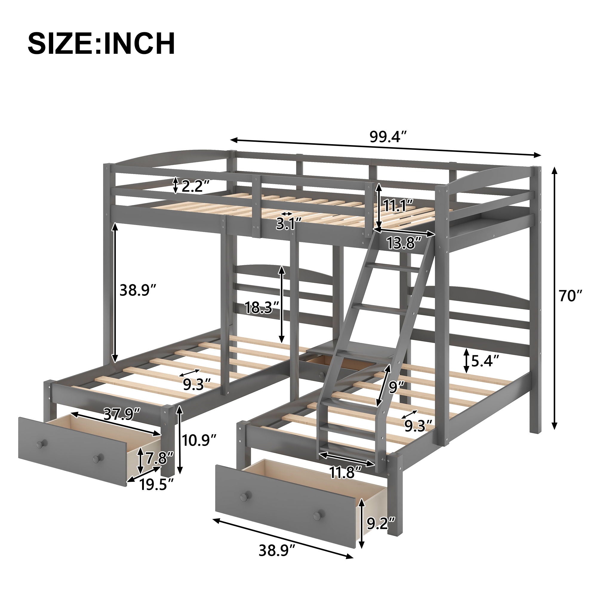Full Over Twin &amp; Twin Bunk Bed, Triple Bunk Bed With Drawers - Gray