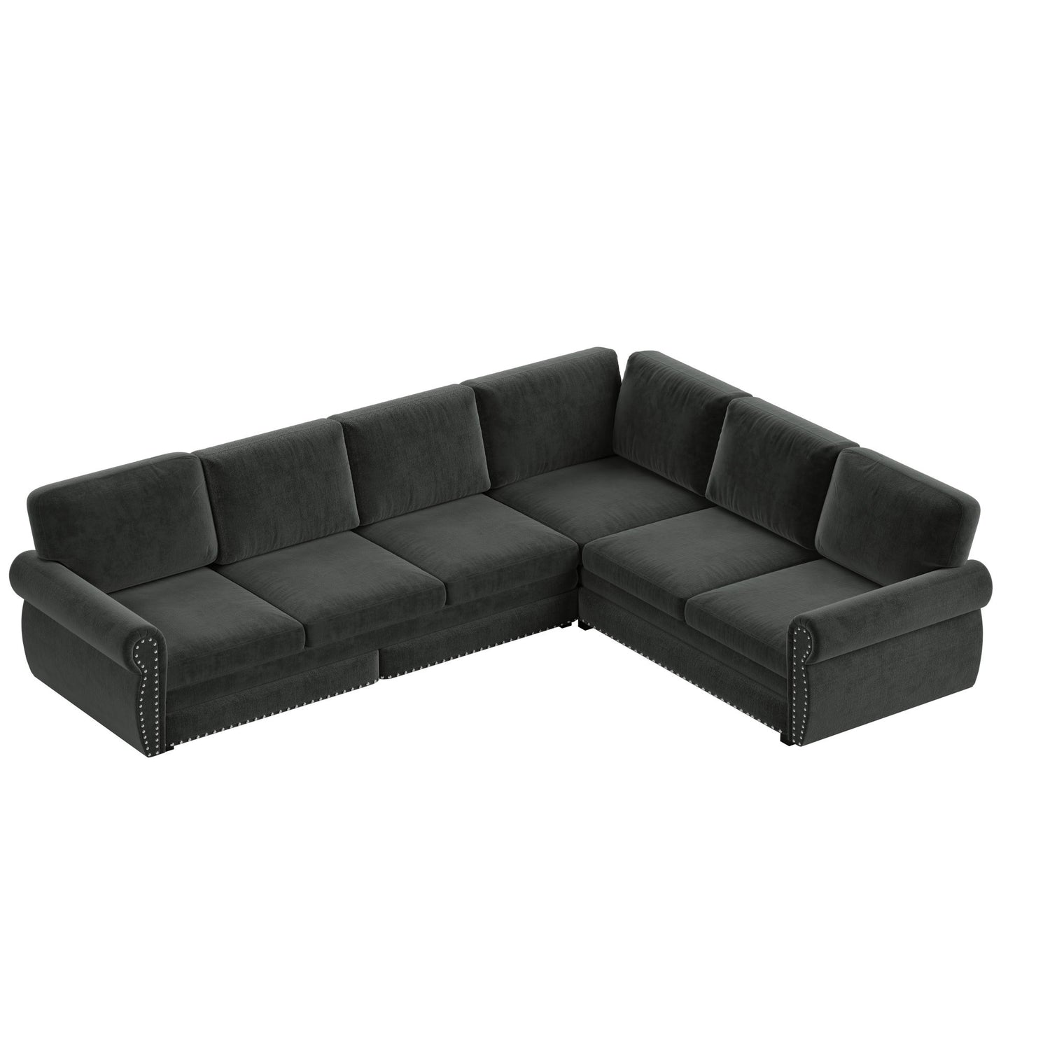 L-Shaped Sofa Couch With Pull Out Bed With Nailhead Trim &amp; Rolled Arm