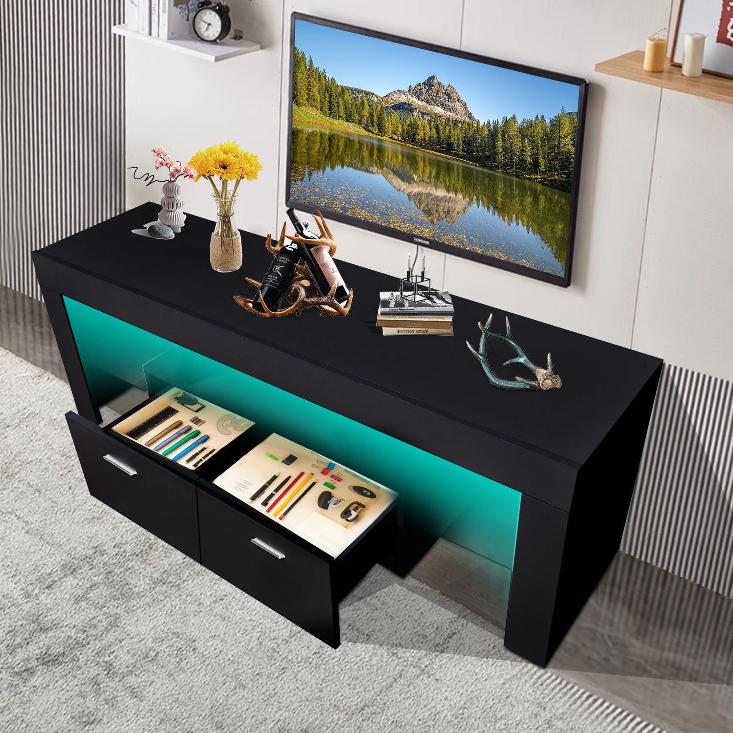LED TV Stand Modern TV Stand With Storage Entertainment Center With Drawer TV Cabinet For Up To 75&quot; For Gaming Living Room Bedroom