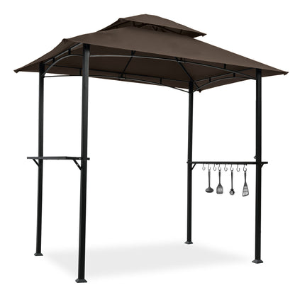 Outdoor Grill Gazebo With Double Tier Soft Top Canopy, Steel Frame, Bar Counters &amp; Hook