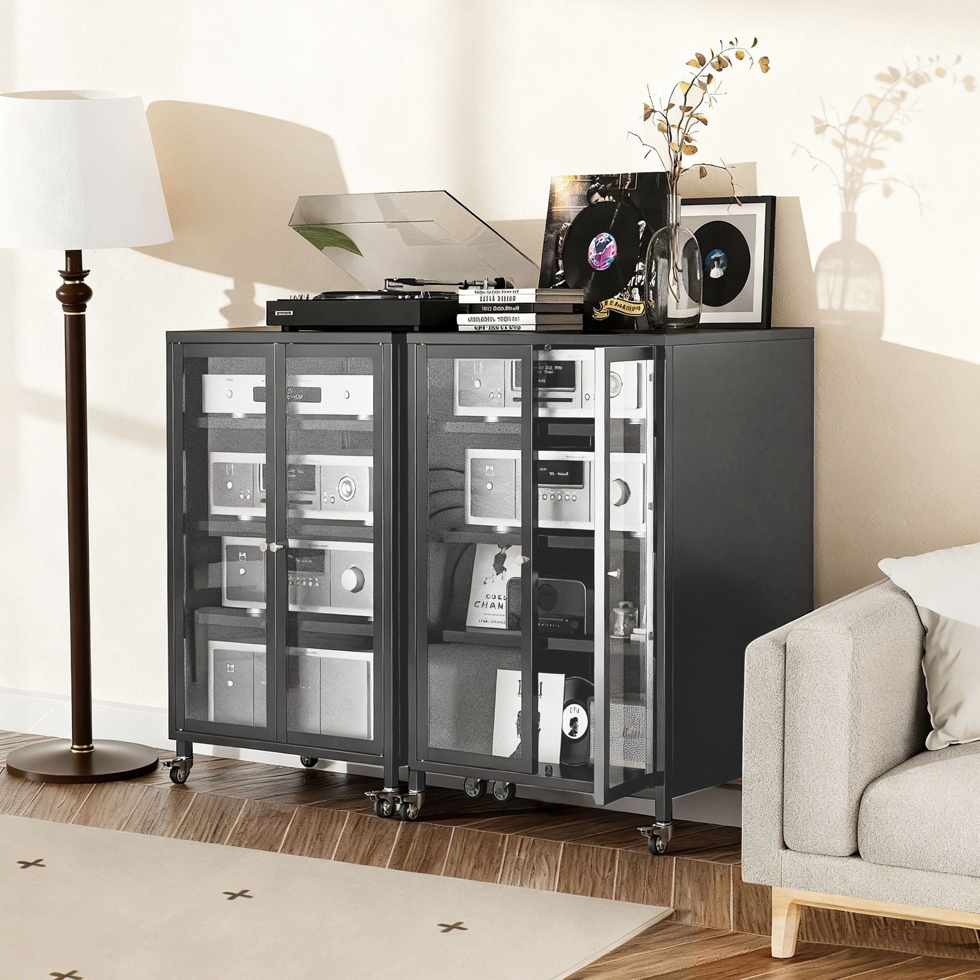 Media Storage Cabinet With Wheels, 4 Adjustable Glass Shelves &amp; Door, Heavy-Duty - Black