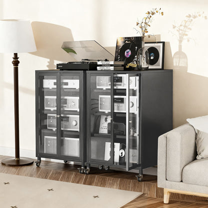 Media Storage Cabinet With Wheels, 4 Adjustable Glass Shelves &amp; Door, Heavy-Duty - Black