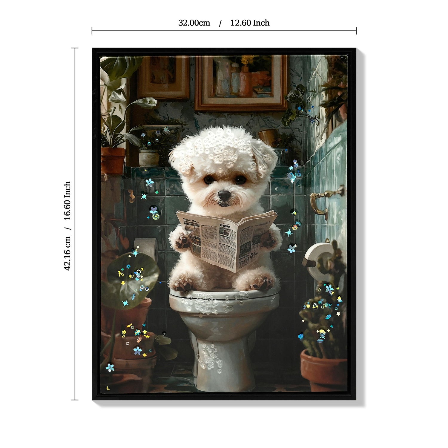 Framed Bathroom Decor, Cute Puppy Wall Art In Picture Frame, 3D Canvas Print - Indigo / White