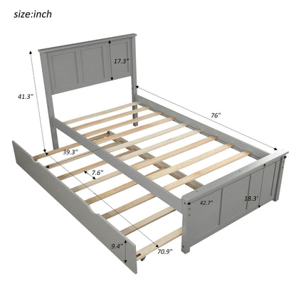 Platform Bed With Twin Trundle And Frame, Twin Size - Gray