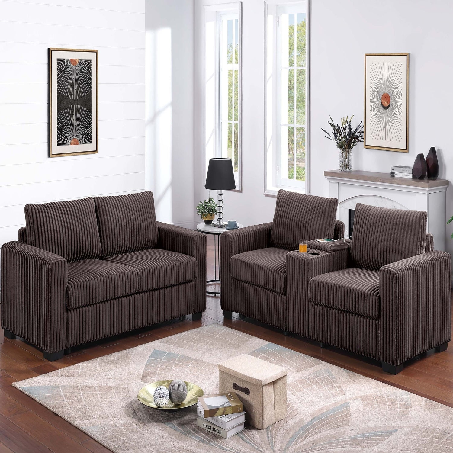Modern Style 2 Piece Sofa Set With Cup Holders &amp; Charging Port