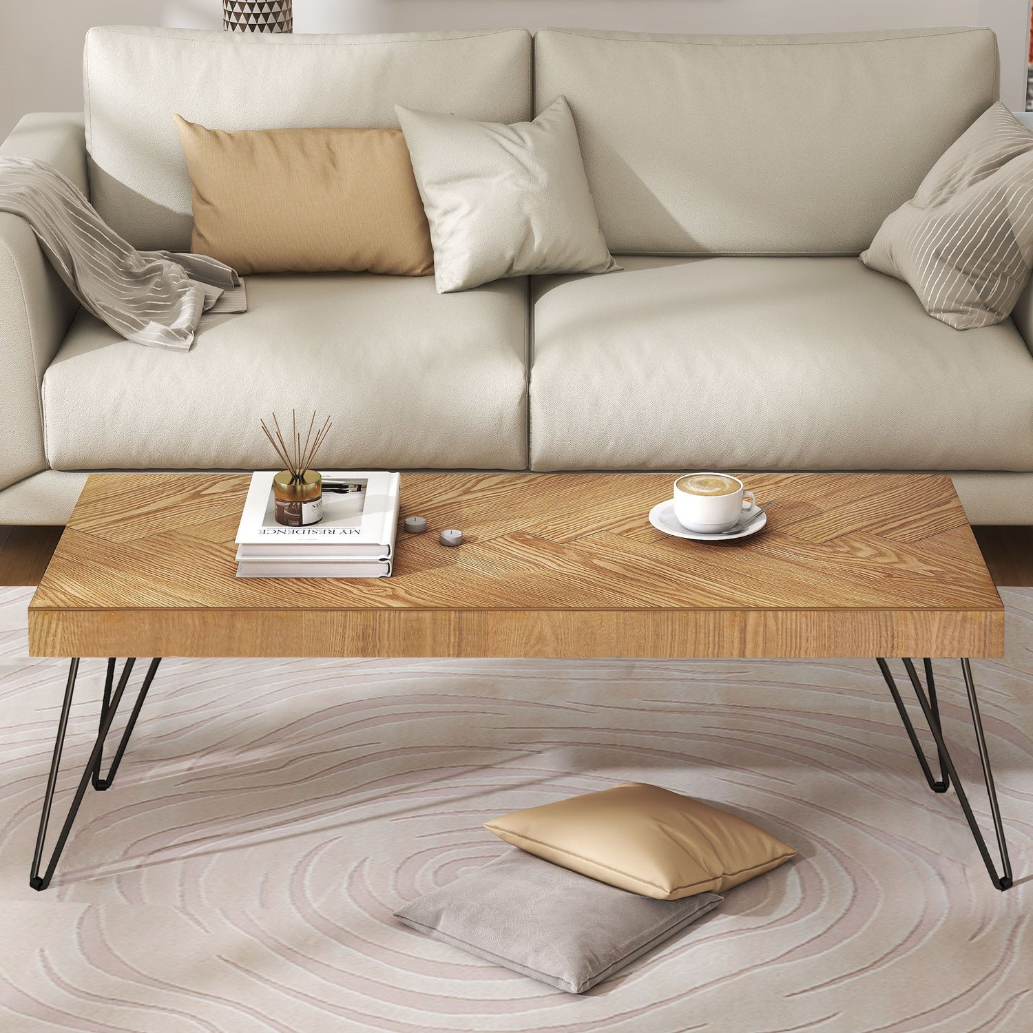 Modern Coffee Table Tea Table, Thicken Cocktail Table With With Chevron Pattern &amp; Metal Hairpin Legs For Living Room - Natural