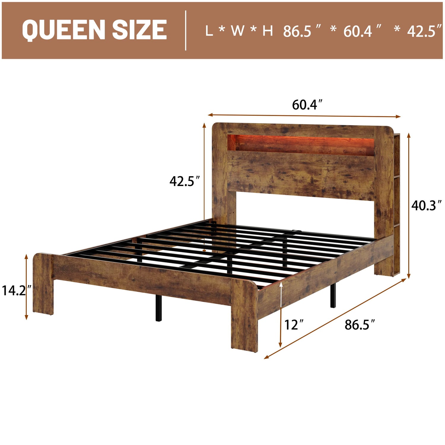 Wood Platform Bed Frame With Storage LED Light Headboard &amp; USB