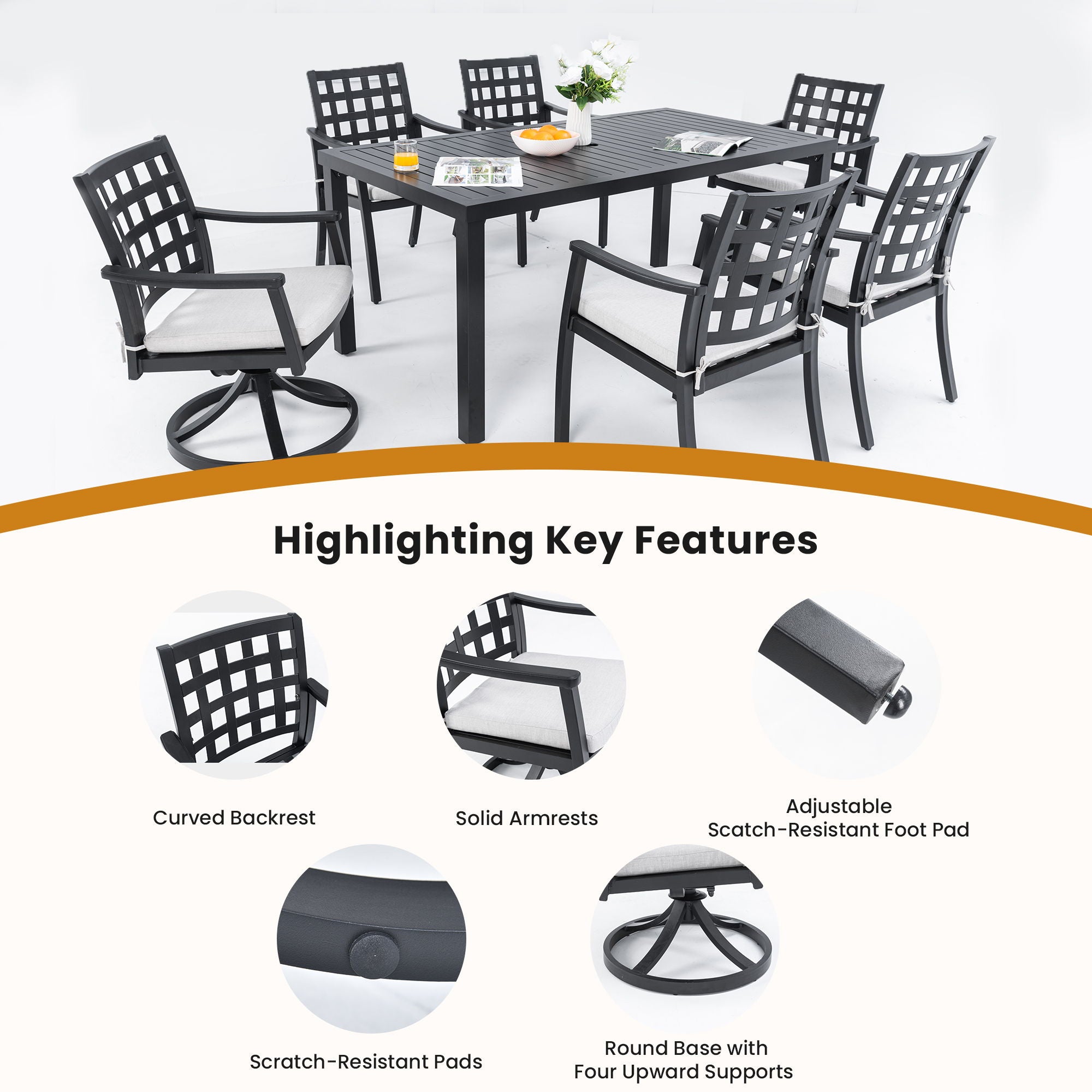 Modern Classic Outdoor Patio Dining Set, Rectangular Table &amp; Dining Chairs, Rust Free, Weather Resistant
