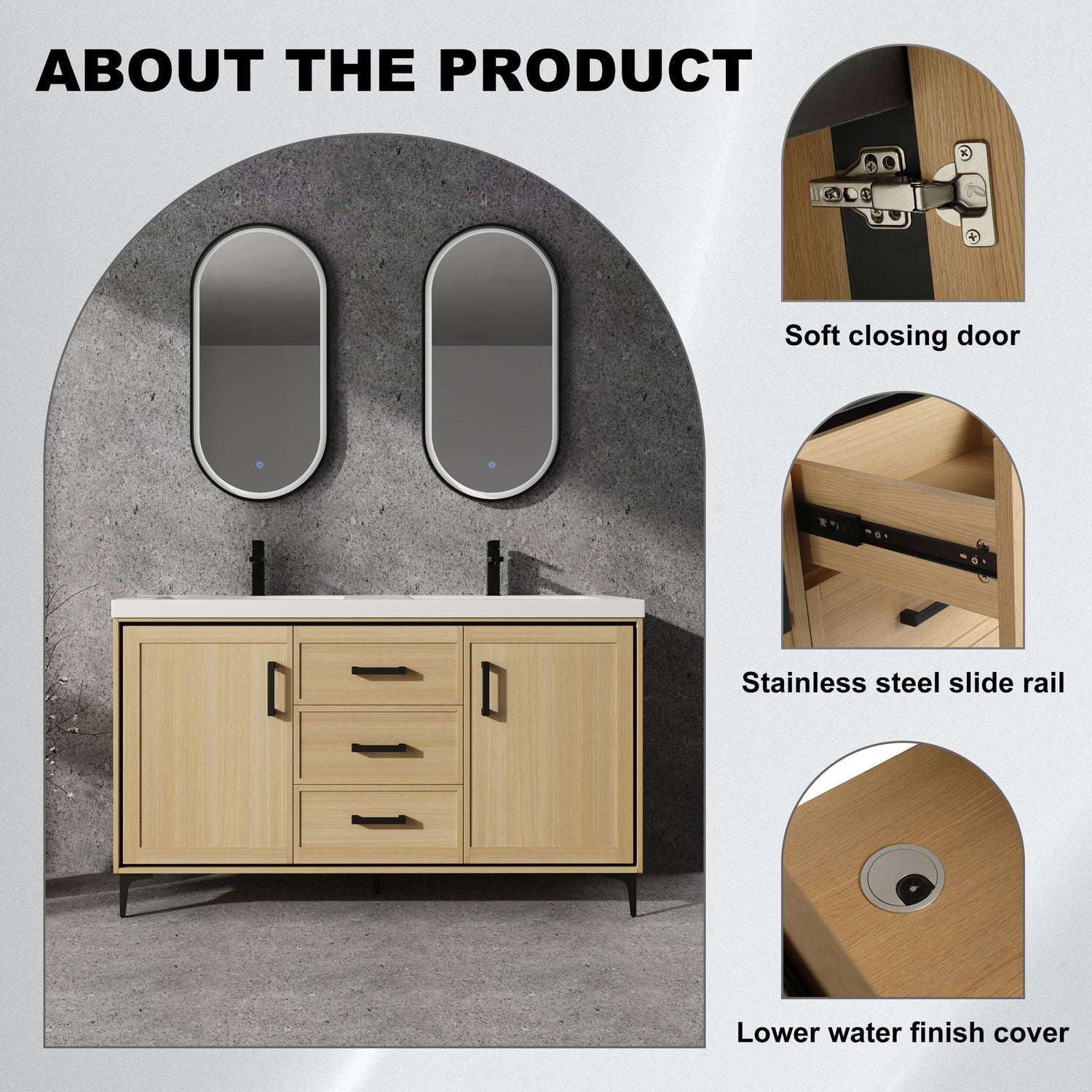 Original 60&quot; Freestanding Bathroom Vanity With Double Resin Sink Plywood Soft Closing Doors &amp; Drawers - Oak
