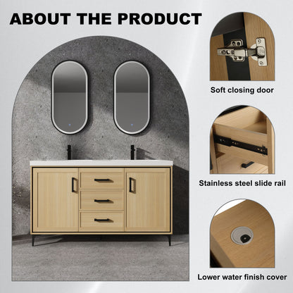 Original 60&quot; Freestanding Bathroom Vanity With Double Resin Sink Plywood Soft Closing Doors &amp; Drawers - Oak