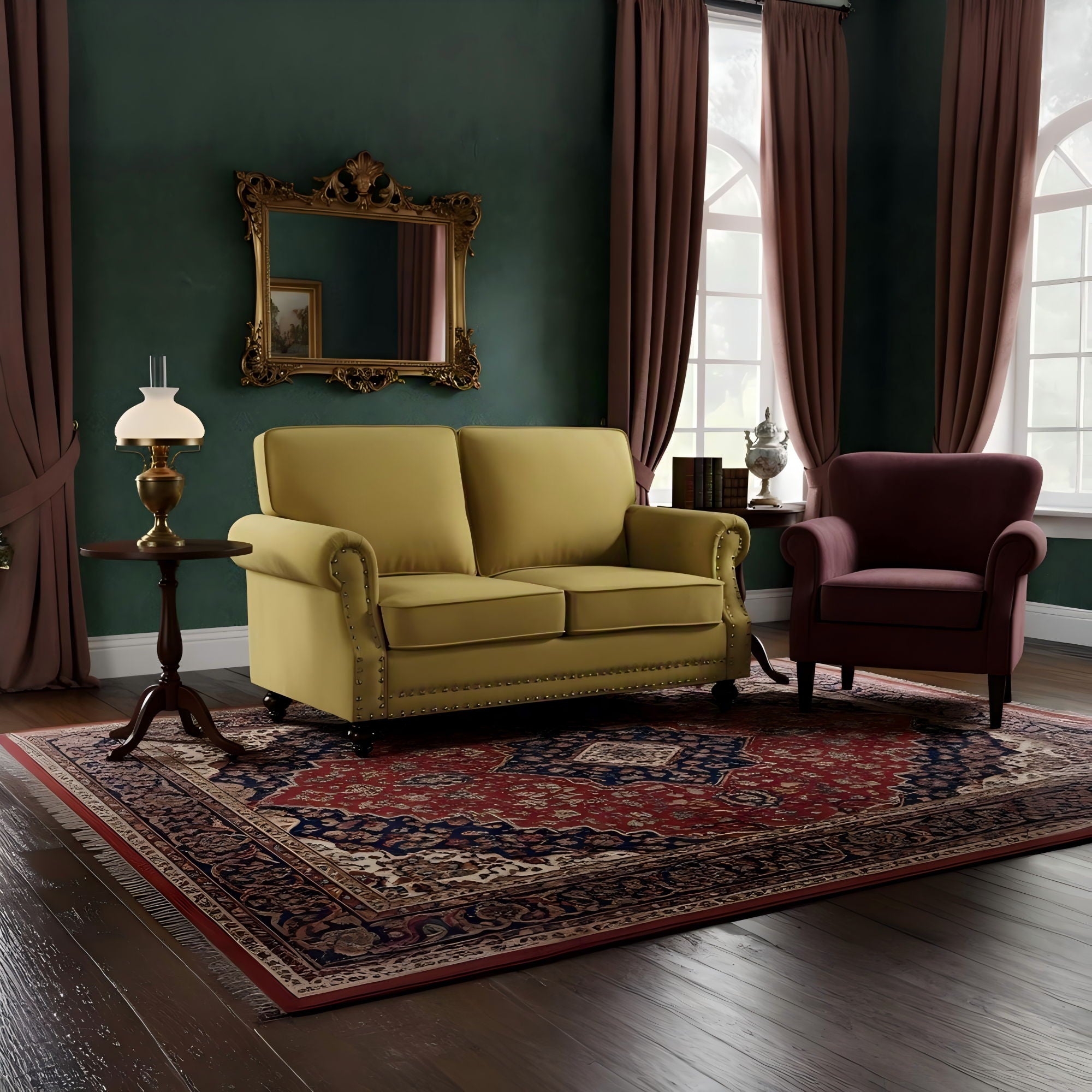 Loveseat Sofa With Nailhead Detail &amp; Turned Legs, 2 Seater Upholstered Couch