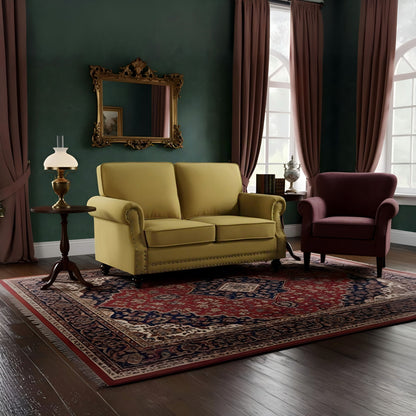 Loveseat Sofa With Nailhead Detail &amp; Turned Legs, 2 Seater Upholstered Couch