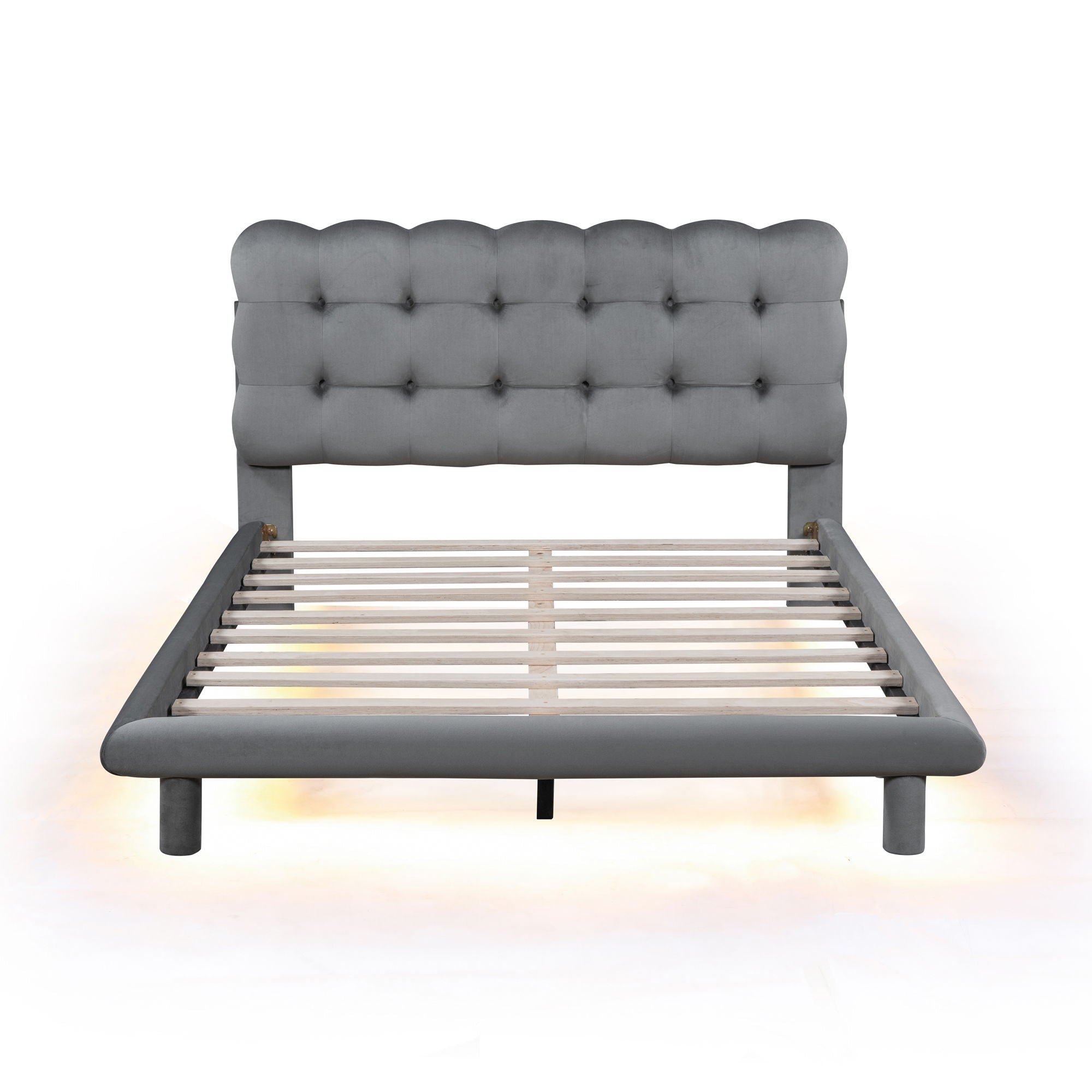 Platform Bed With LED Frame, Thick &amp; Soft And Button Tufted Design Headboard