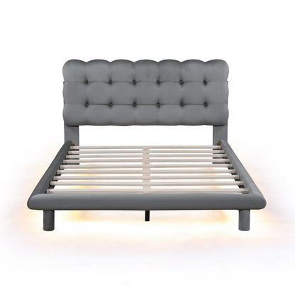 Platform Bed With LED Frame, Thick &amp; Soft And Button Tufted Design Headboard