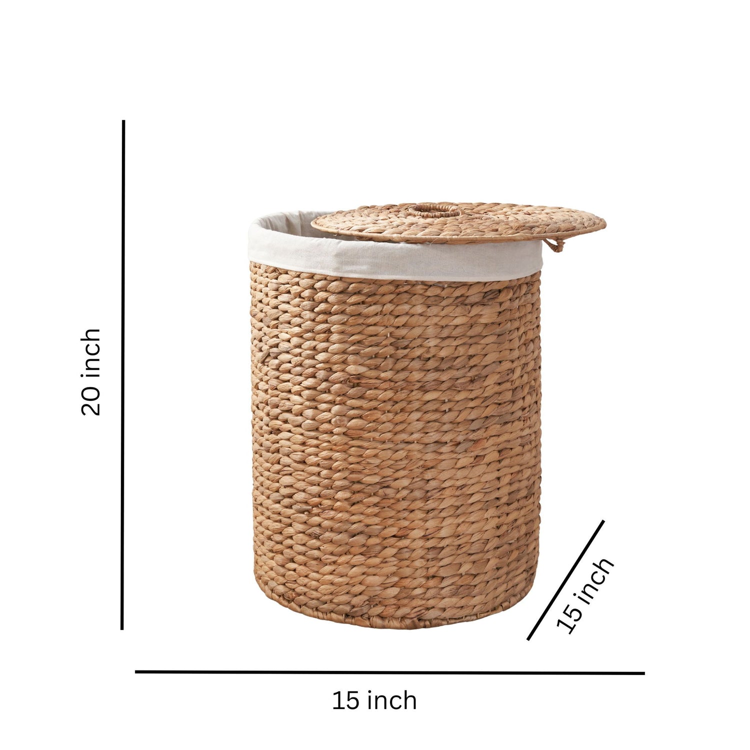 Round Tall Water Hyacinth Woven Wicker Laundry Hamper With Lid - For Clothes, Canvas, Toys And Book Storage With Removable Liner - 15&quot; X 15&quot; X 20&quot; - Natural Brown