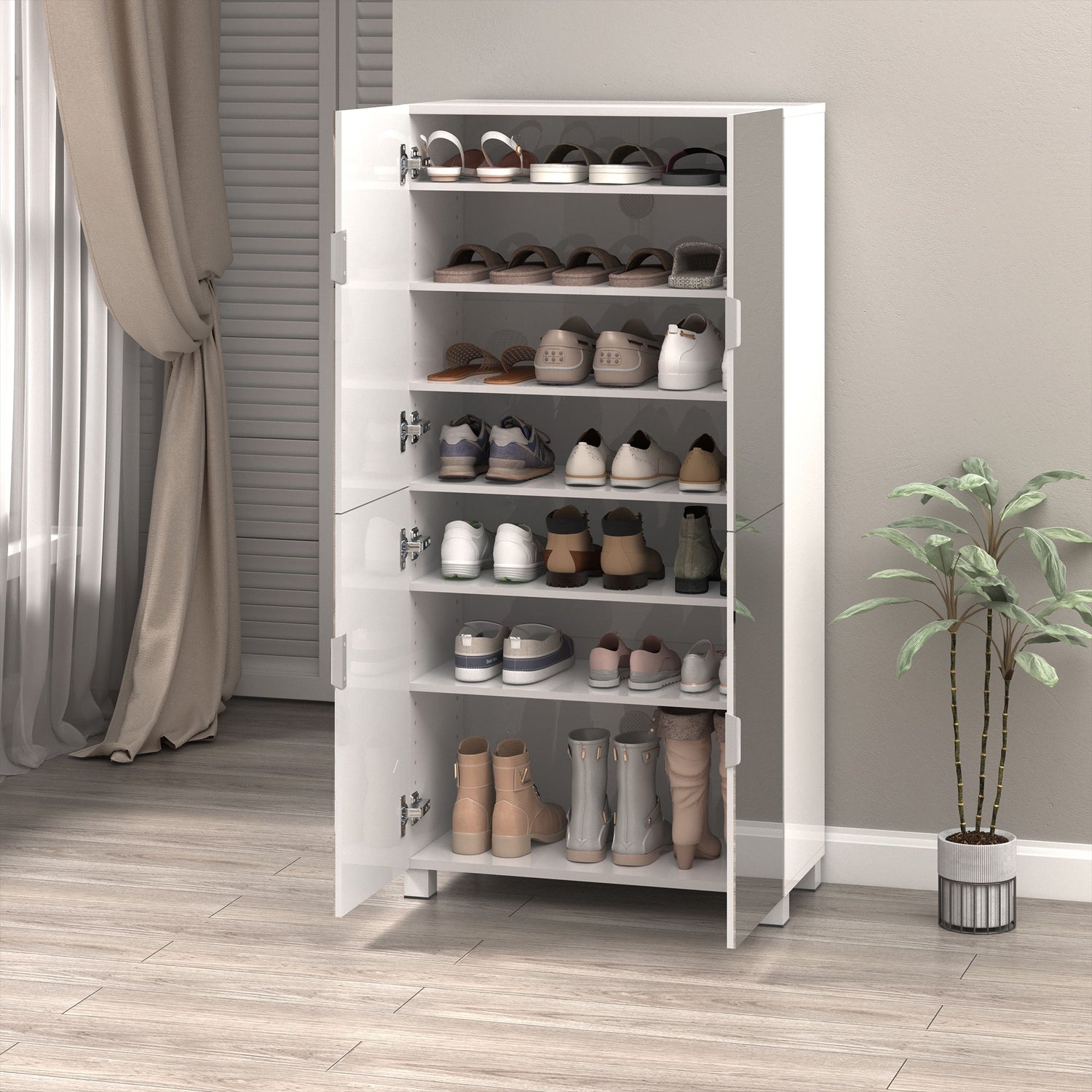 Shoe Cabinet With 4 Mirror Doors 50&quot; Tall Entryway Storage, 8 Adjustable Shelves, Holds 24 32 Pairs (Size 15), Dust Proof Closet For Hallway / Apartment, Ventilation Holes - White
