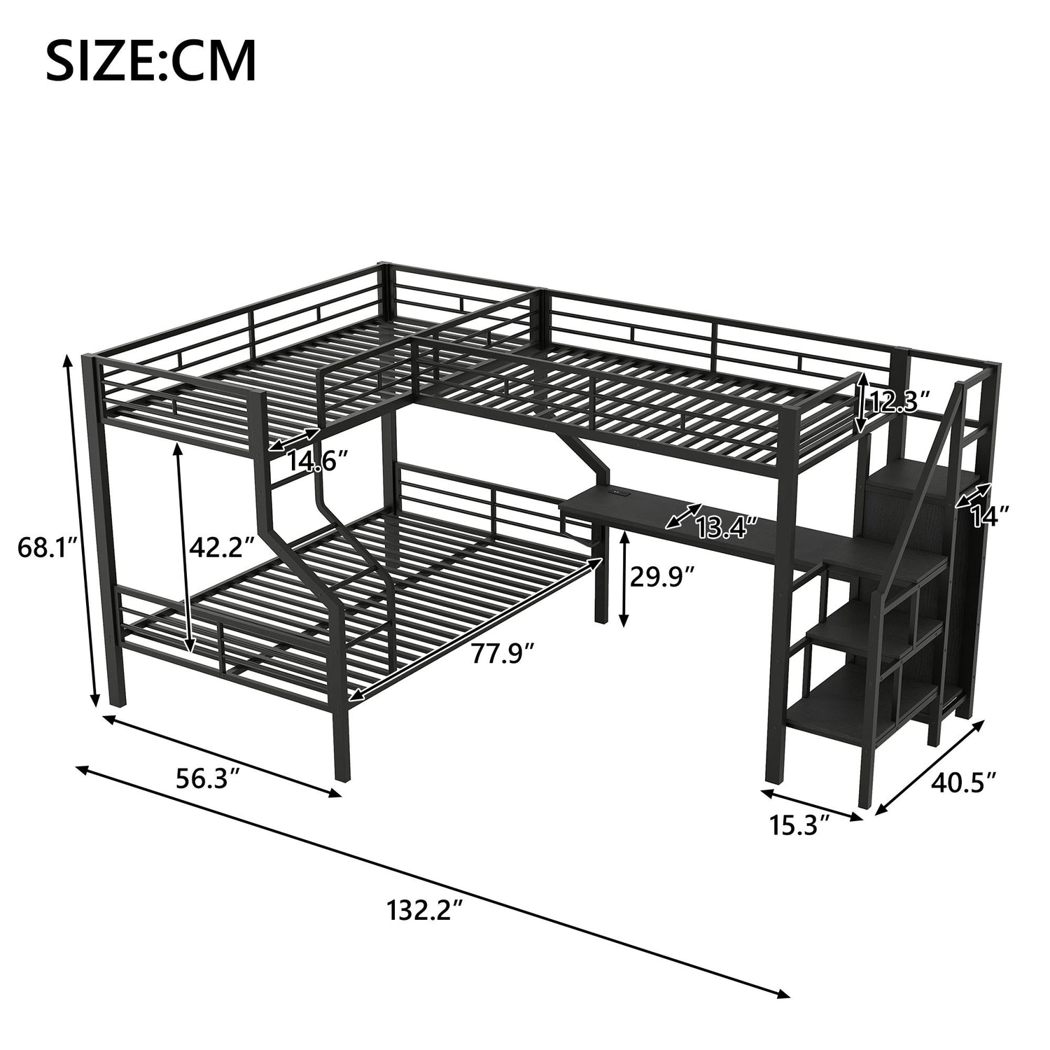 Twin Over Full L Shaped Bunk &amp; Loft Bed With Built-In Wardrobe, Desk, And USB Ports - Black