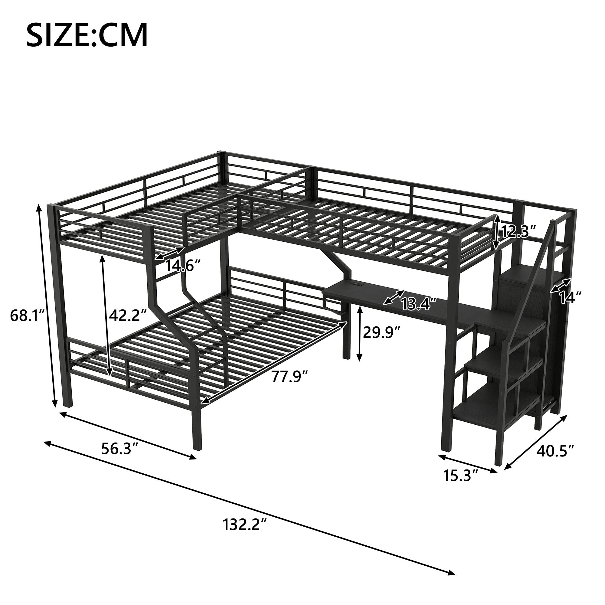 Twin Over Full L Shaped Bunk &amp; Loft Bed With Built-In Wardrobe, Desk, And USB Ports - Black
