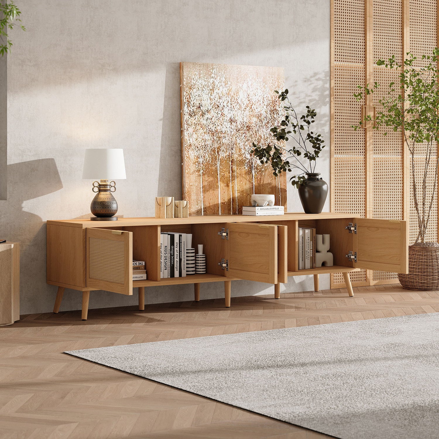 TV Stand With Storage &amp; Cable Holes - Natural Wood