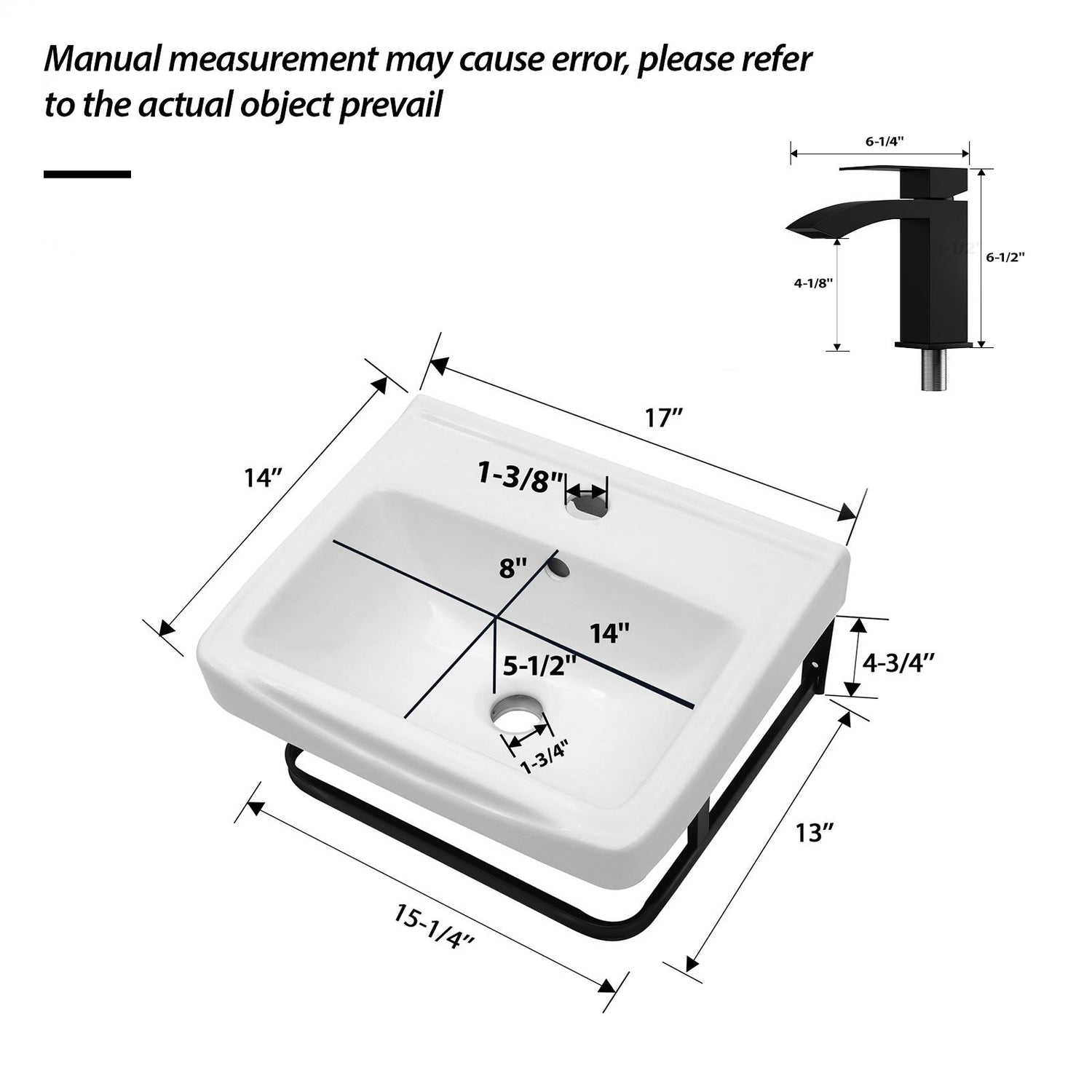 Wall Mounted Bathroom Sink With Towel Bar &amp; Overflow - White / Black