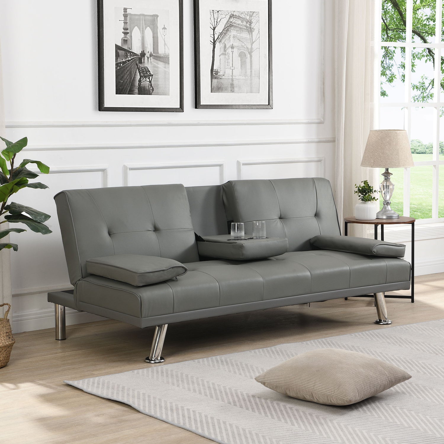 Modern Sofa Bed With Armrest 2 Holders, Wood Frame &amp; Stainless Leg