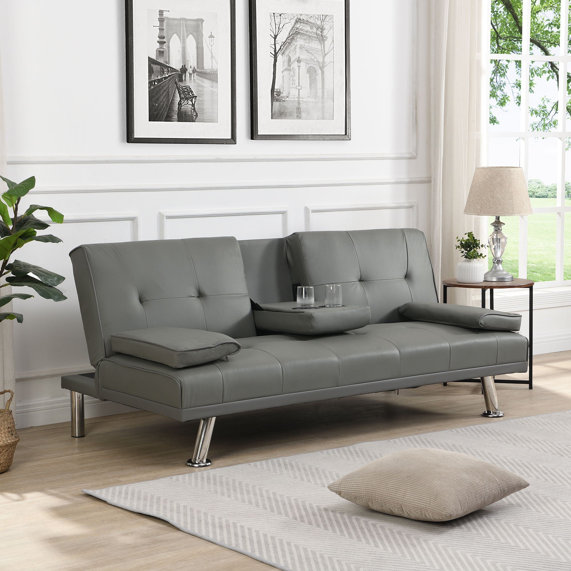 Modern Sofa Bed With Armrest 2 Holders, Wood Frame &amp; Stainless Leg