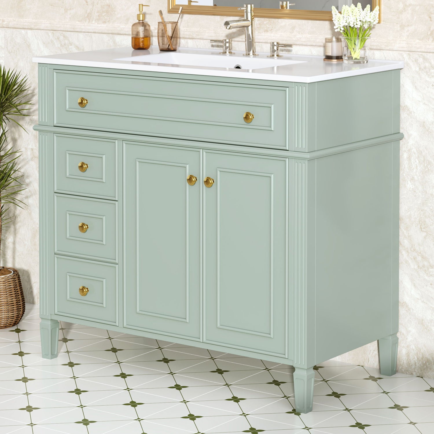 Bathroom Vanity With Sink, 3 Drawers &amp; 2 Doors