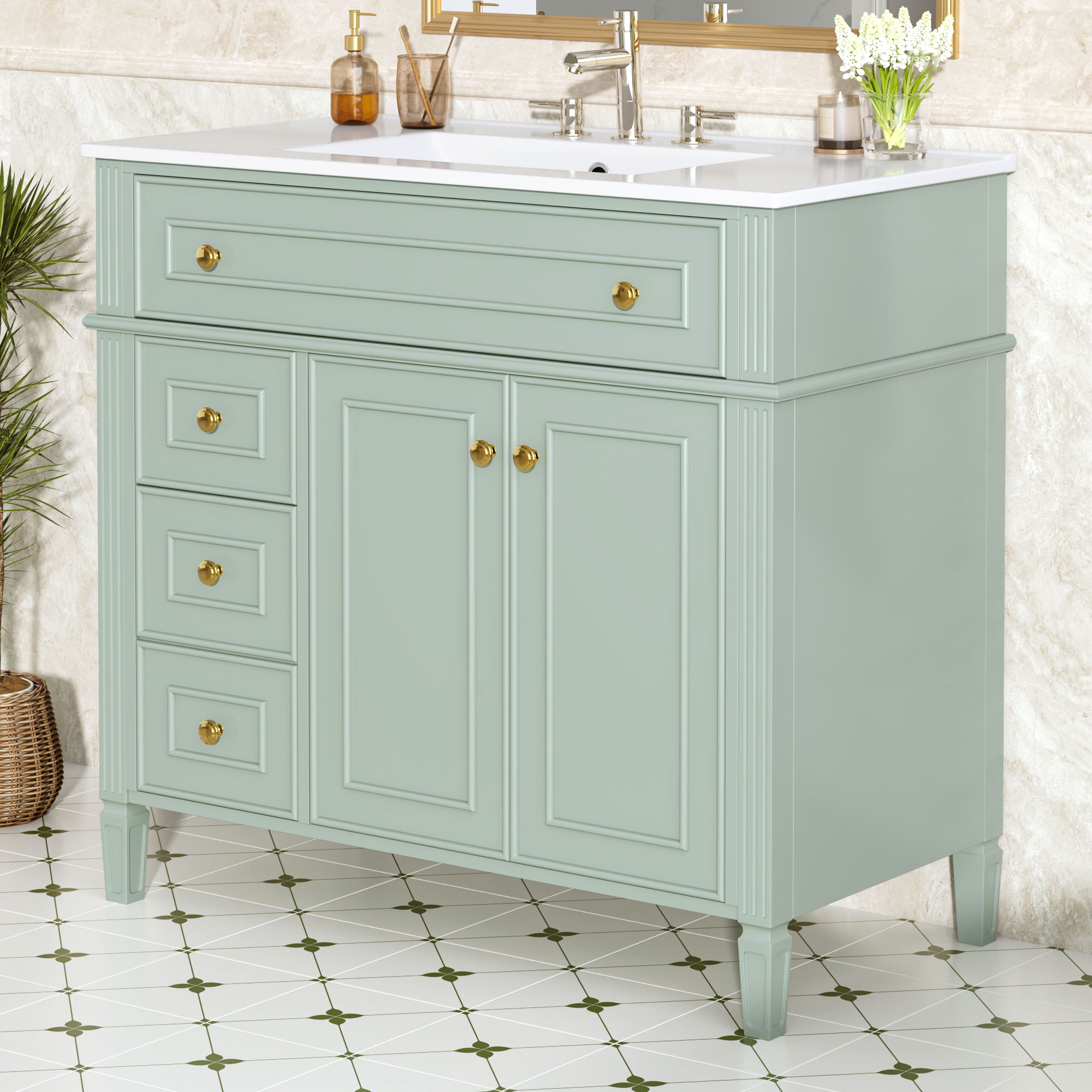 Bathroom Vanity With Sink, 3 Drawers &amp; 2 Soft-Close Doors