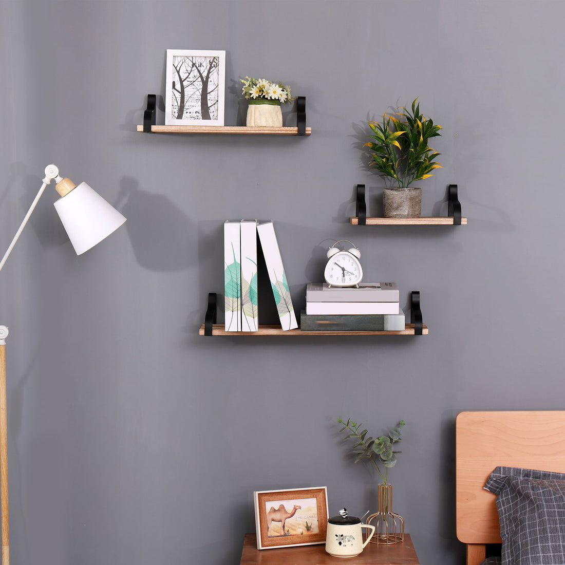 Floating Shelves, Long Wall Shelves (Set of 3), Wall Mounted Shelves &amp; Brackets For Bedroom - Natural Wood