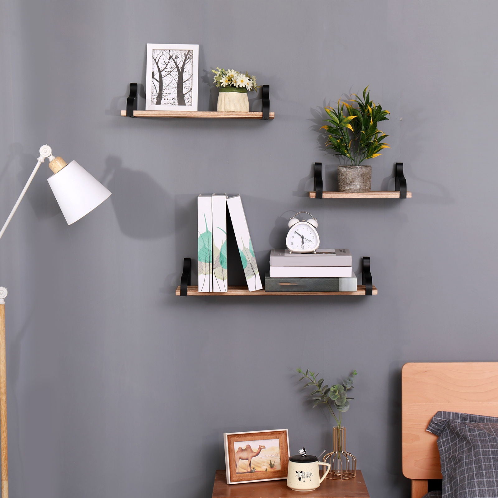 Floating Shelves, Long Wall Shelves (Set of 3), Wall Mounted Shelves &amp; Brackets For Bedroom - Natural Wood