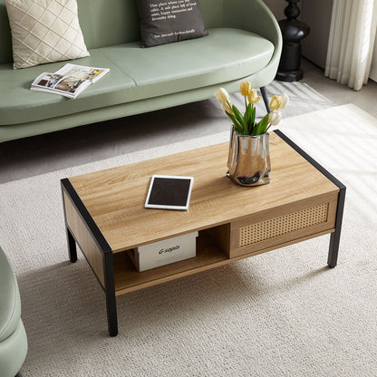 40.16&quot; Rattan Coffee Table, Sliding Door For Storage, Metal Legs, Modern Table For Living Room