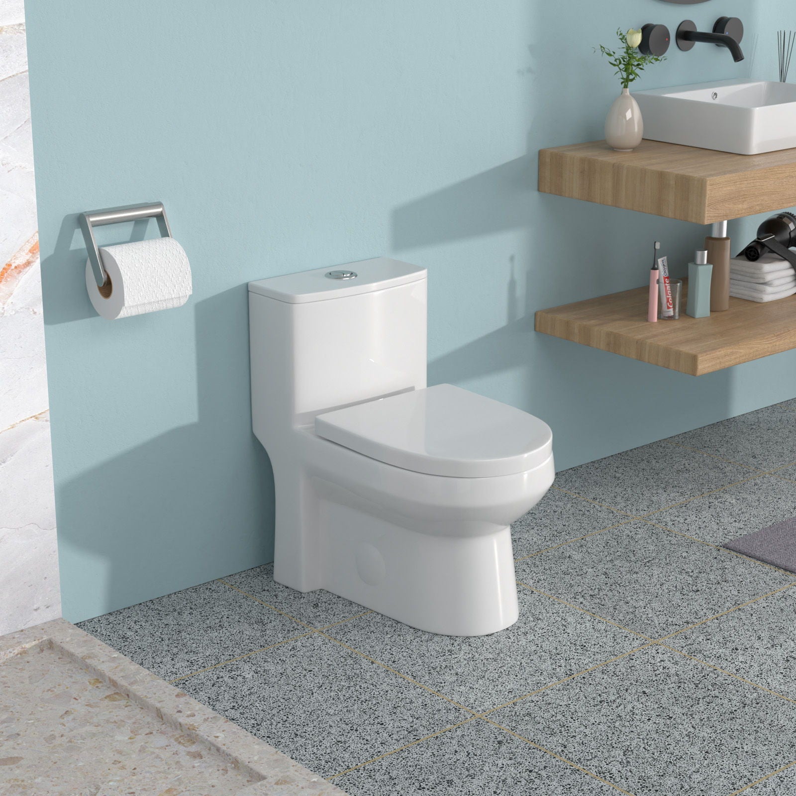 1 Piece Toilet For Bathroom, Dual Flush 1.1 / 1.6 Gpf, Soft Closing Seat - White