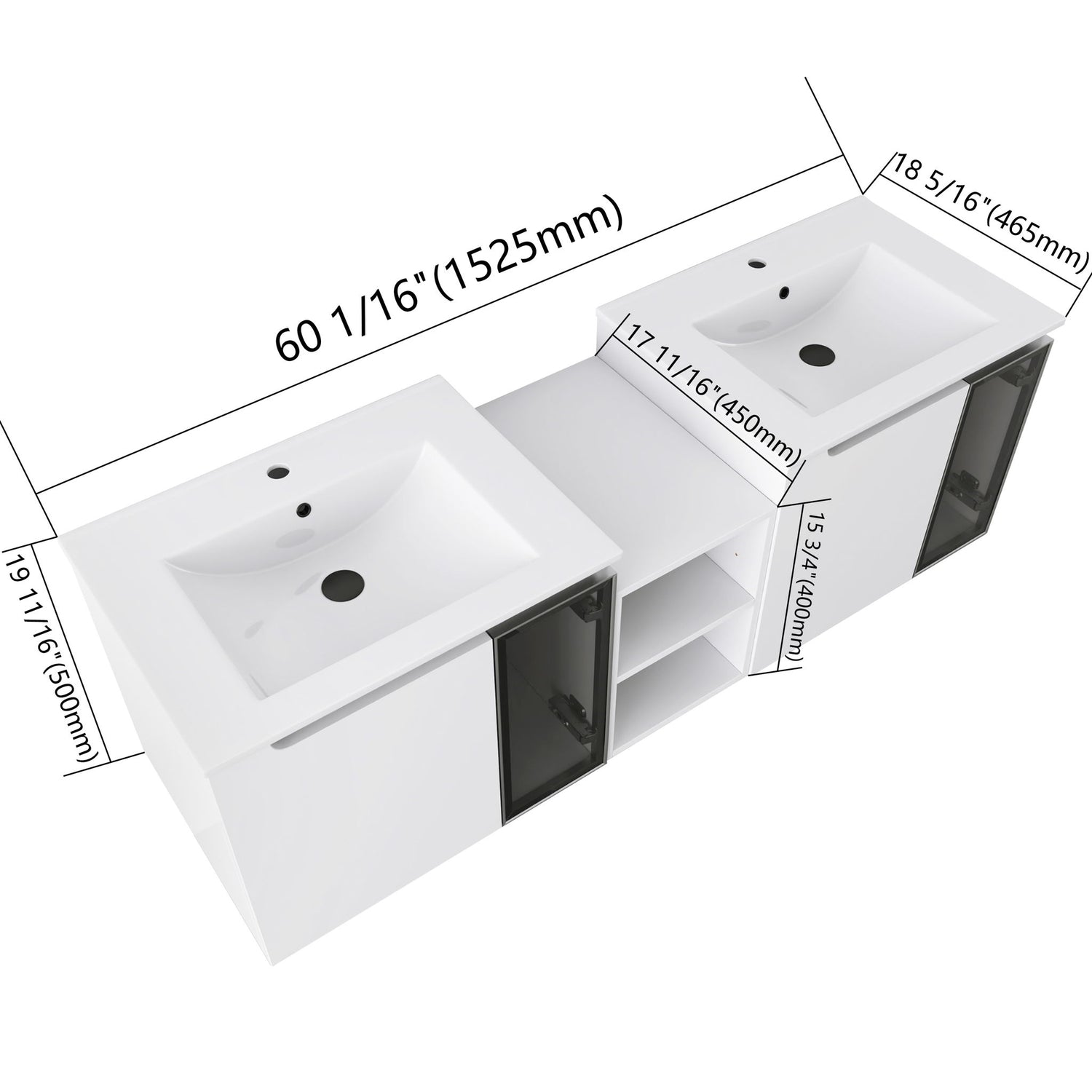 Wall Mounted Bathroom Vanity With Sink, Soft Close Doors, Cabinet &amp; Half Door