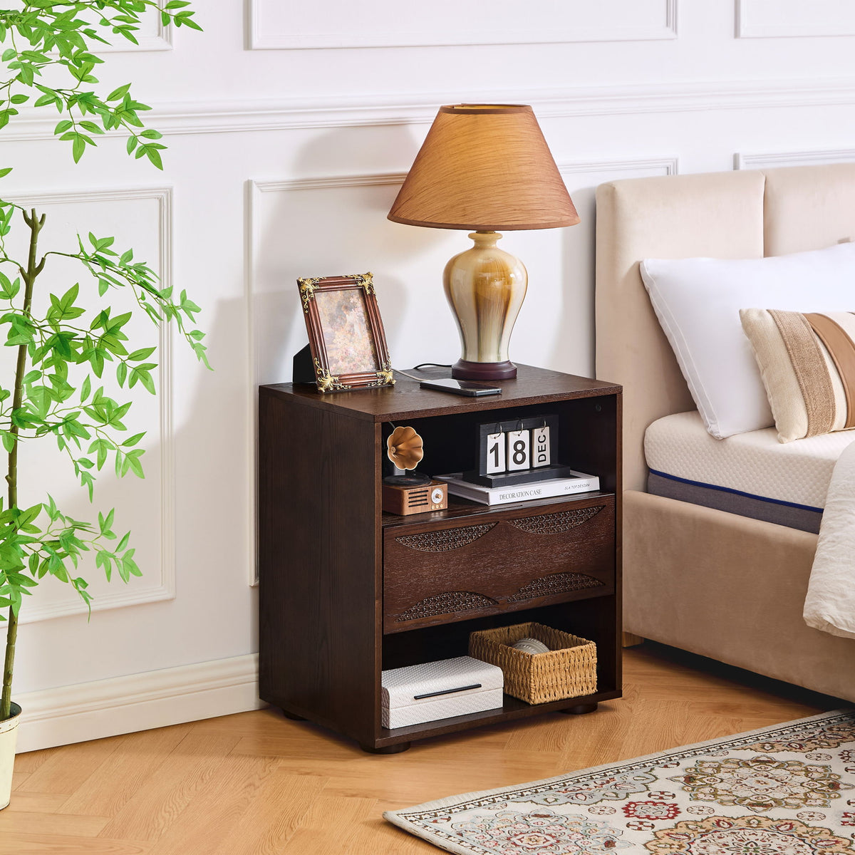 Nightstand With USB Ports &amp; Outlet Hole, End Table With Drawer