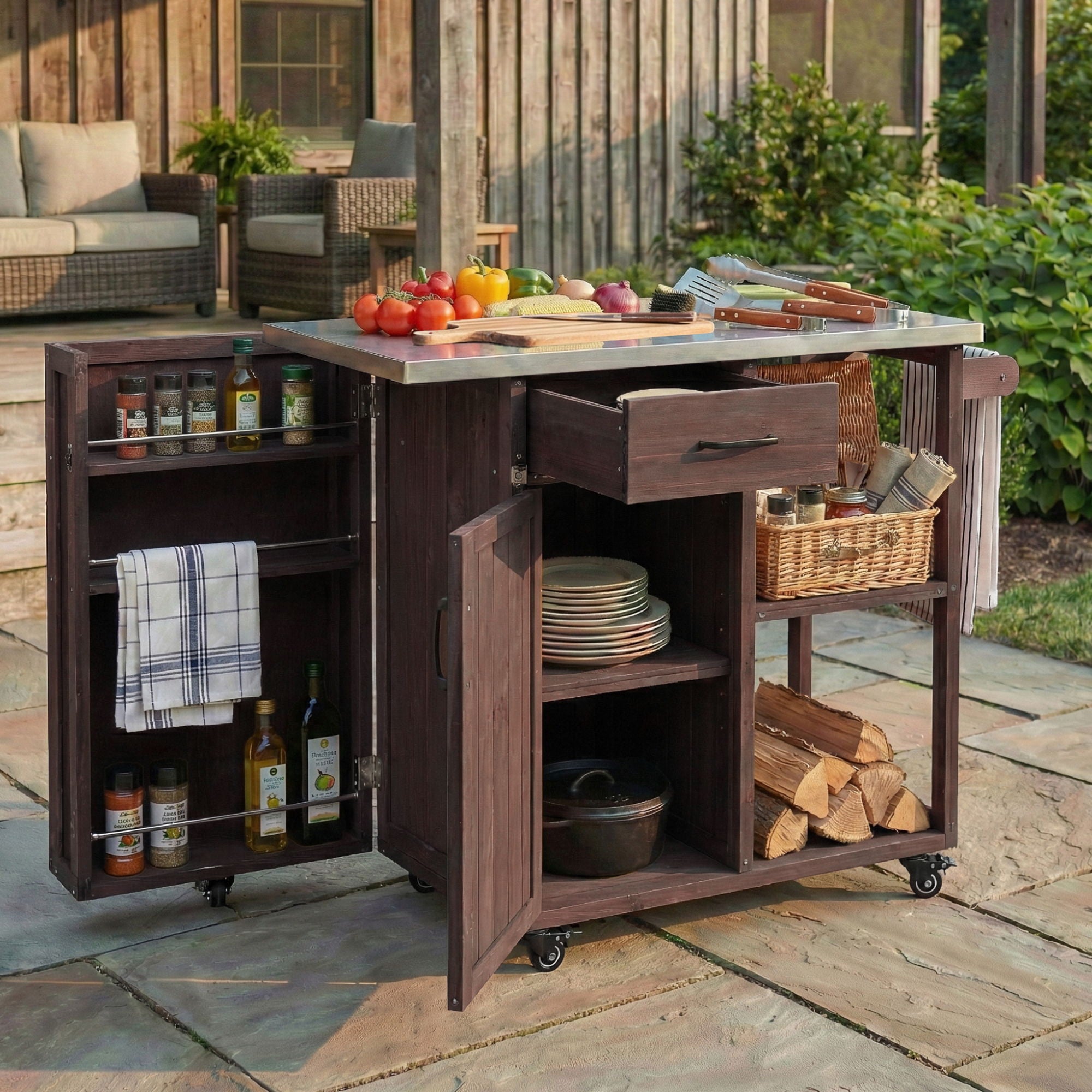 Outdoor Kitchen Island Prep Station With Lockable Wheels, Ample Storage, Towel &amp; Spice Racks