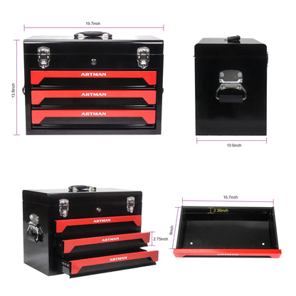 Portable 20&quot; Steel Tool Box With 3 Drawers And Metal Latch Closure - Black / Red