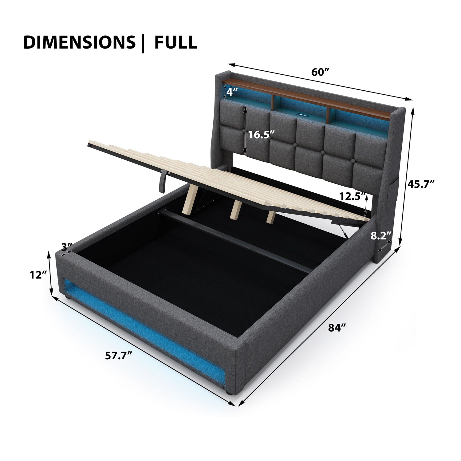 Platform Bed With Hydraulic Storage, LED Lighting &amp; Charging Station