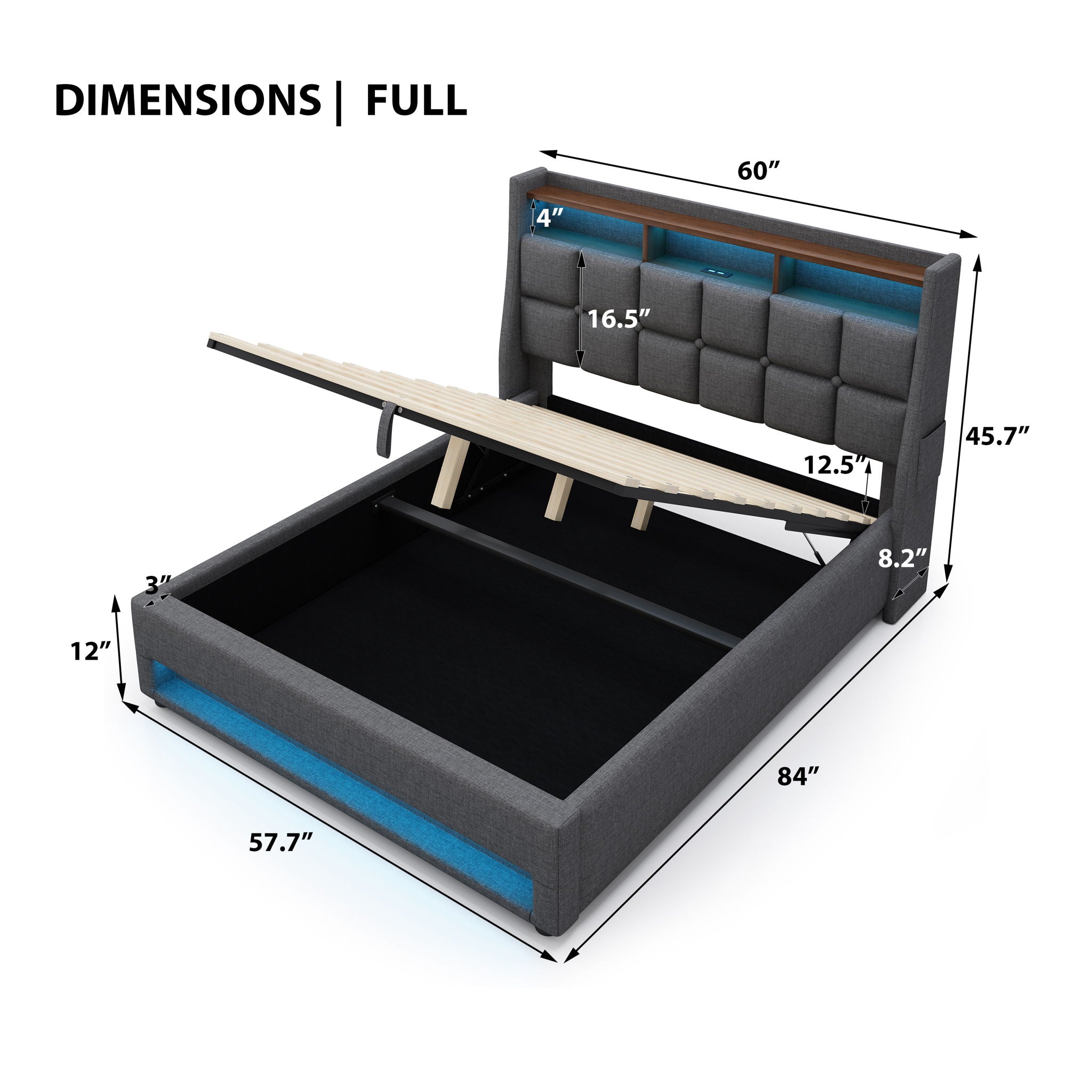 Platform Bed With Hydraulic Storage, LED Lighting &amp; Charging Station