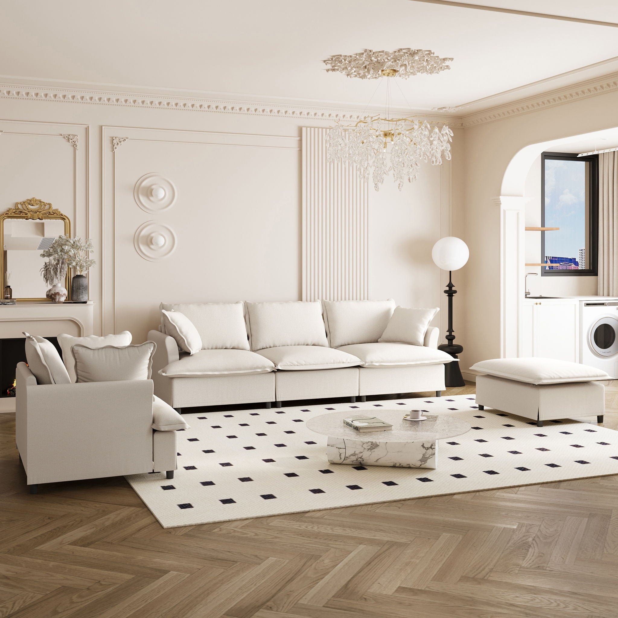 Living Room Set Modular Sectional Couch, Upholstered Sofa &amp; Armchair &amp; Movable Ottoman