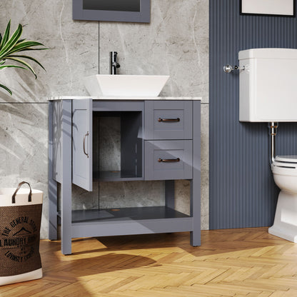 30&quot; Gray Bathroom Vanity And Sink Combo Marble Pattern Top With Mirror Faucet &amp; Drain - Gray