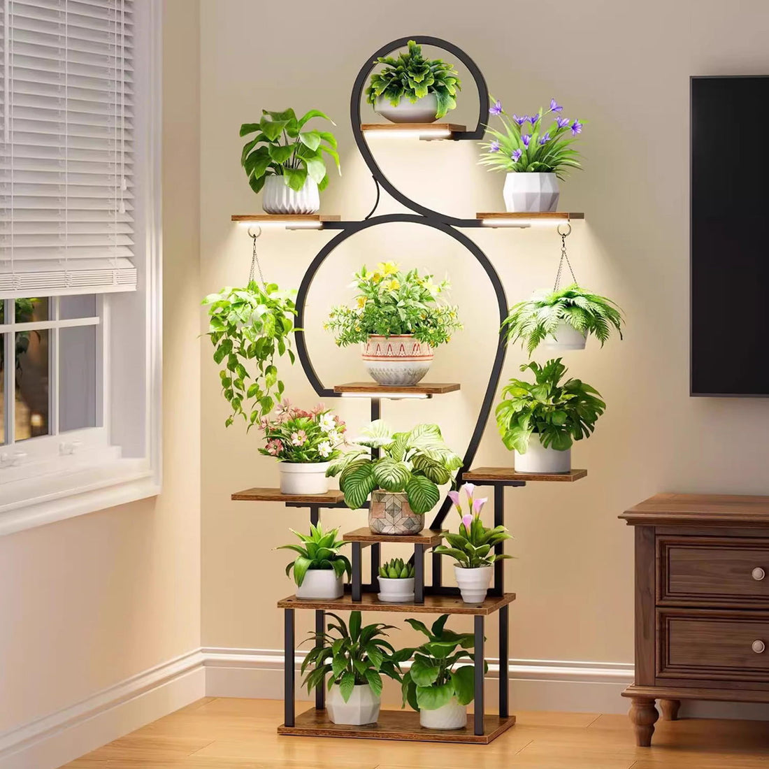 Plant Stand Indoor With Grow Light, 9 Tiered 63&quot; Tall Indoor Plant Shelves For Multiple Plants - Walnut / Black