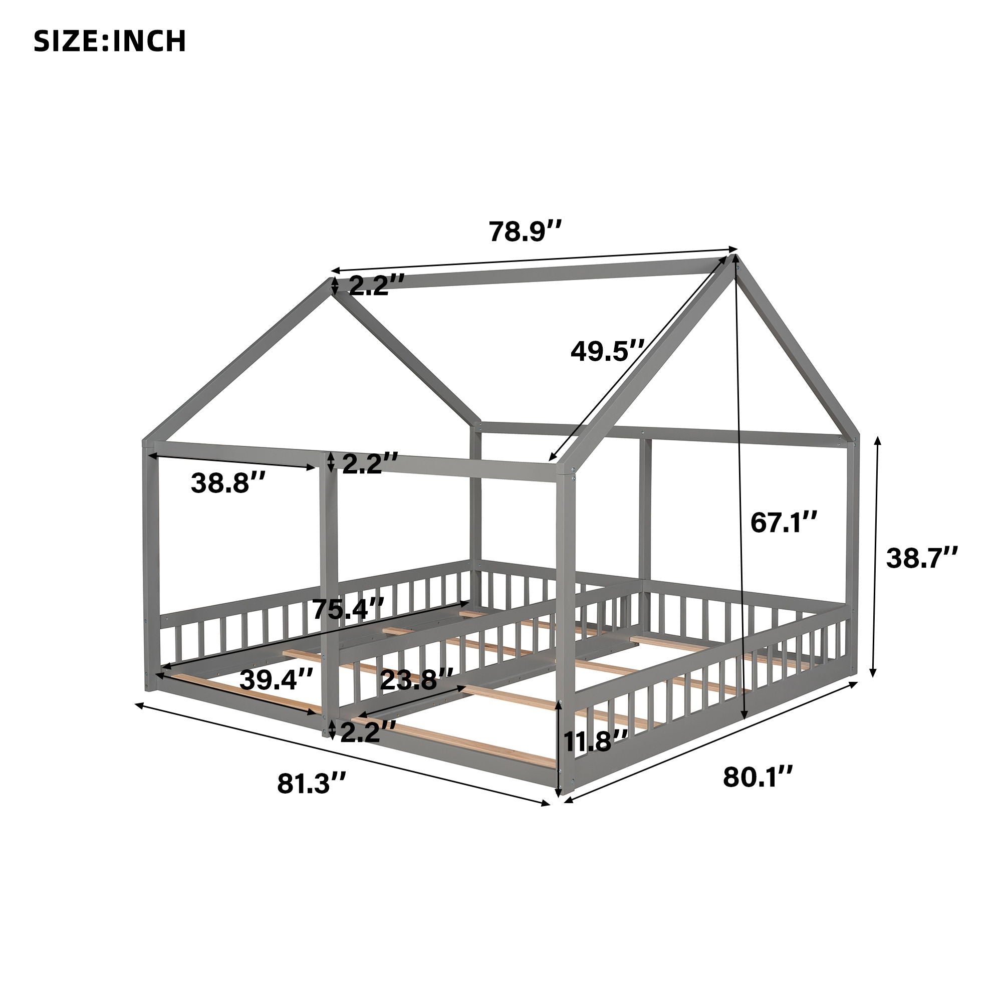 House Platform Beds, 2 Shared Beds, Metal Frame With Guardrails