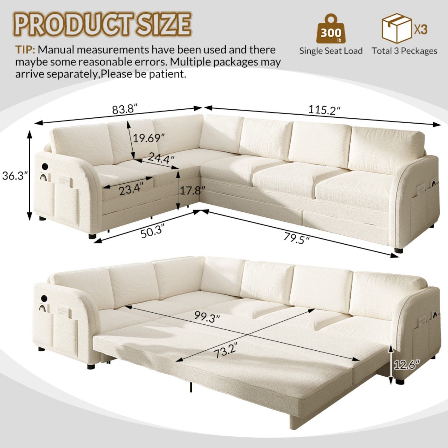 L-Shaped Couch With Pull-Out Bed, Convertible Sleeper Sofa With Side Pocket &amp; USB Port
