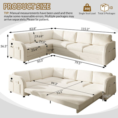 L-Shaped Couch With Pull-Out Bed, Convertible Sleeper Sofa With Side Pocket &amp; USB Port