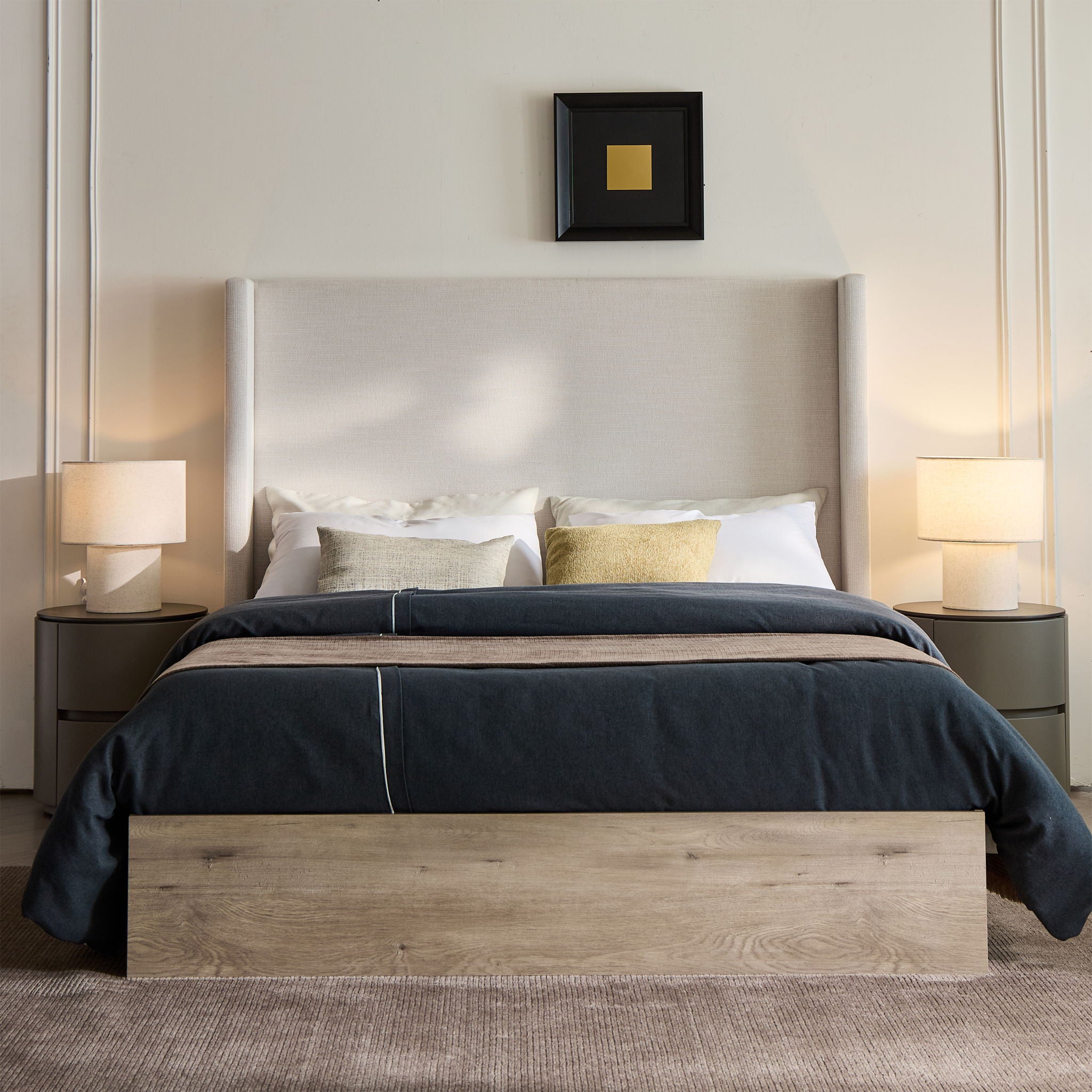 Shelton - Queen Upholstered Wingback Bed With 54&quot; High Headboard - Ivory / Light Gray / Camel Oak