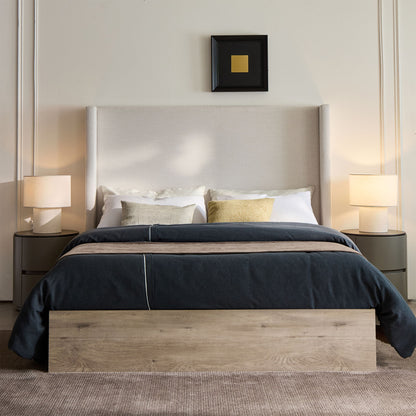 Shelton - Queen Upholstered Wingback Bed With 54&quot; High Headboard - Ivory / Light Gray / Camel Oak