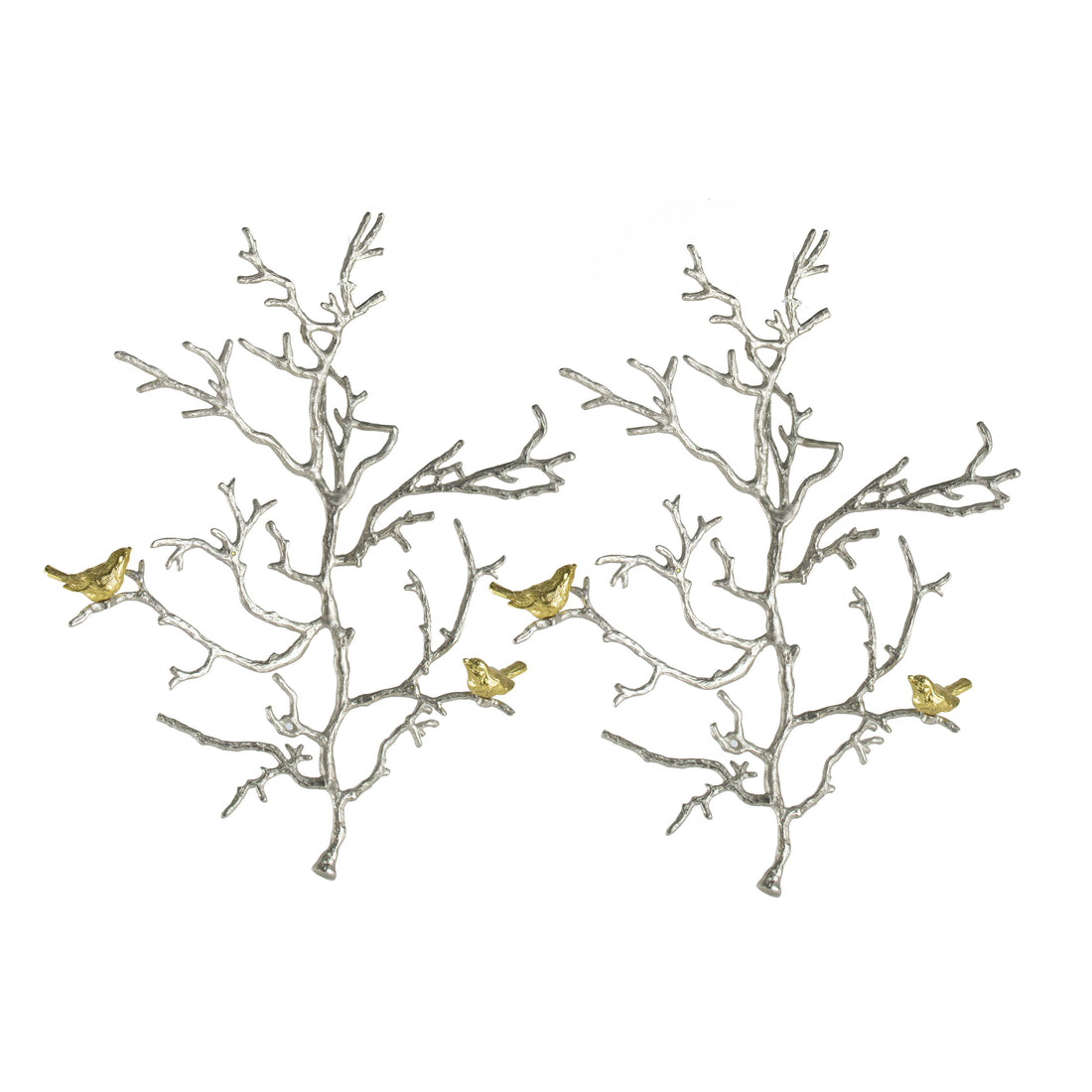 Metal Branch Wall Sculptures With Bird Accents (Set of 2) - Silver Multi